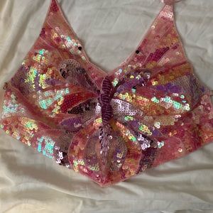 Pink, S/M butterfly sequin top